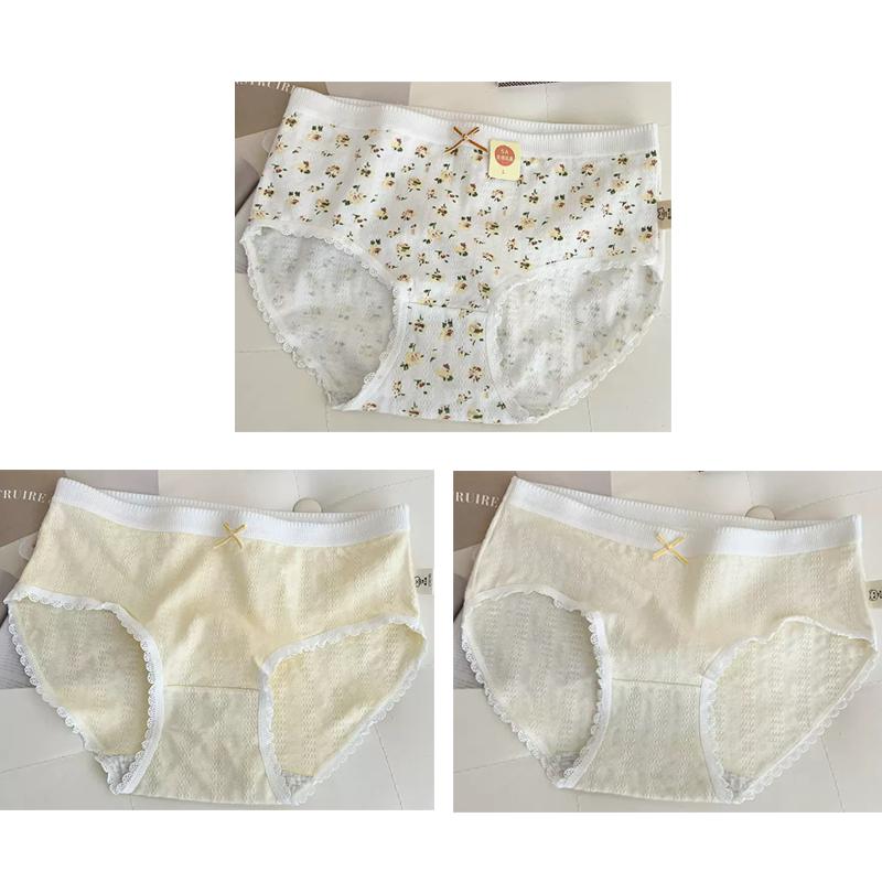 3pcs Cotton Women Flower Printe Panties Adolescent Mid Waist Underwear Girl Fashion Brief Breathable Panty Student Soft Lingerie