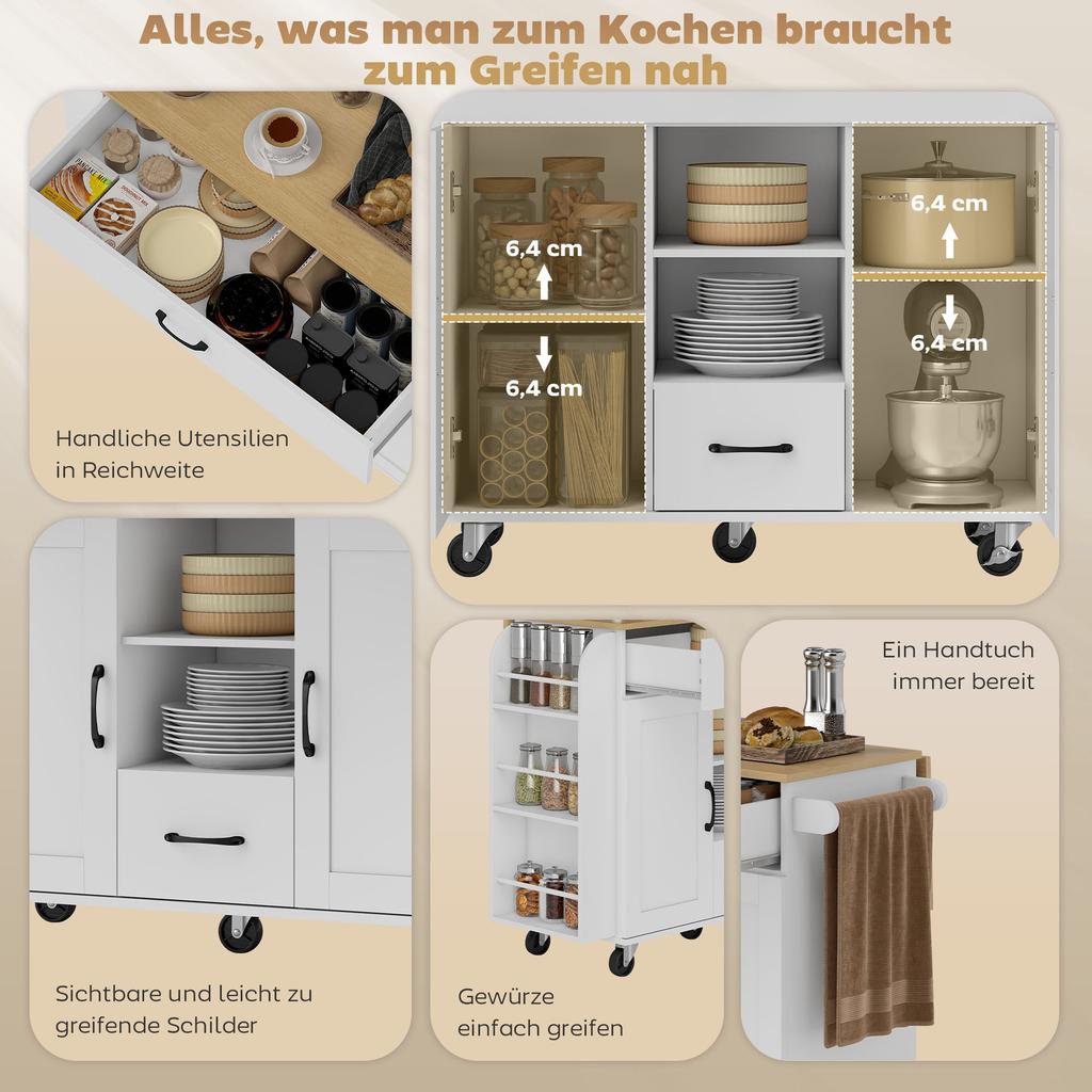 Rolling Kitchen Island, Fold-Out Worktop, Soft-Close Cabinet Doors, Drawers, Towel Holder, MDF, White