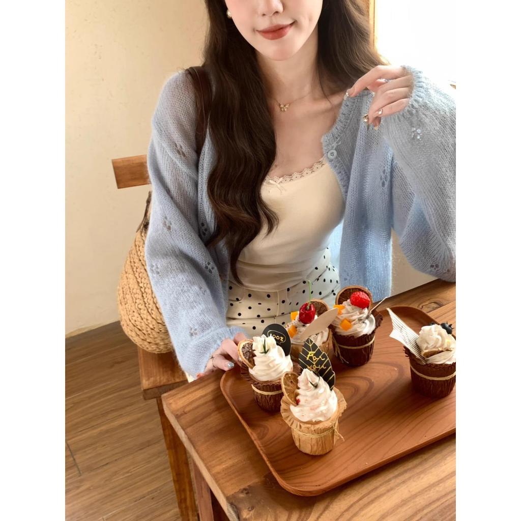 Kardigan damski z miękkiego moheru na wiosnę/lato 2025 - Krótki, delikatny, ażurowy wzór