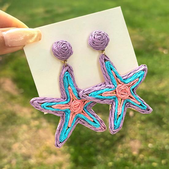 1 Paire Boucles d'Oreilles Femme Texture Raffia Fait Main Couleur Contrastante Style Marin Design Étoile Boucles d'Oreilles Pendantes Accessoires Polyvalents
