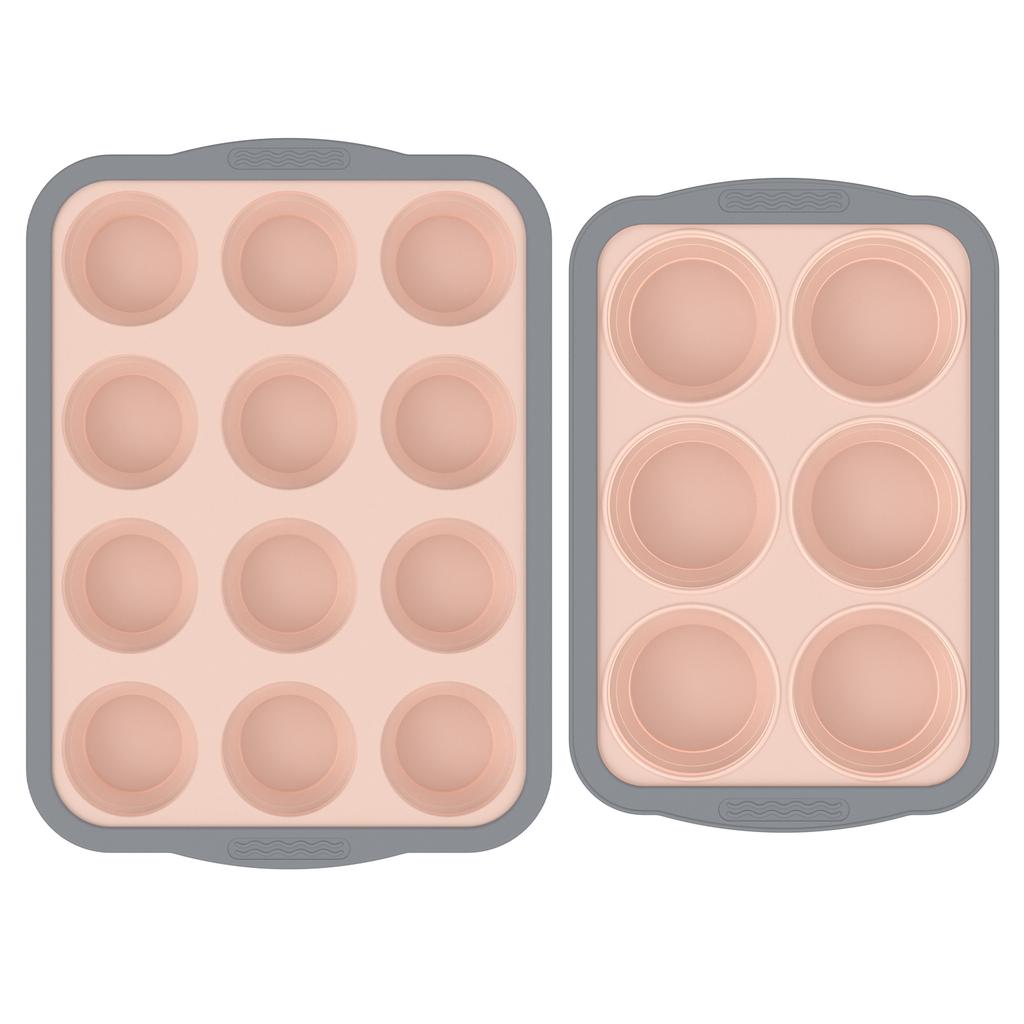 2 Pcs Silicone Pancake Baking Tray Molds with Metal Frame 6/12 Cup Non Stick Foldable Cupcake Baking Tray