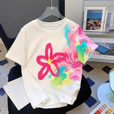 Women's Short Sleeved T-shirt Colorful Floral Print Casual Tops American Summer Ladies Short Sleeved Clothing