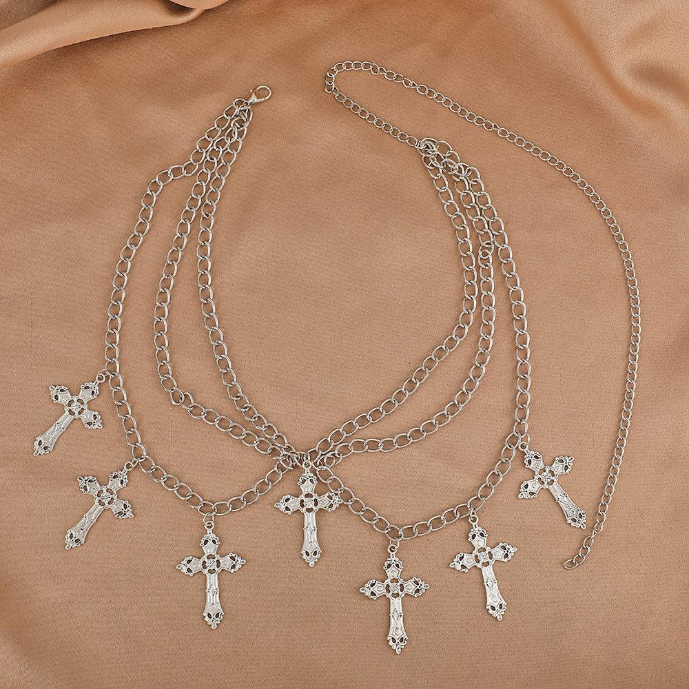 European and American Multi-Layer Alloy Hollow Cross Pendant Wave Waist Chain