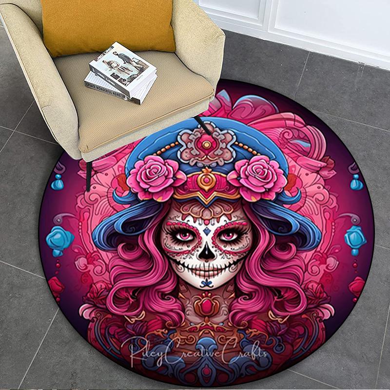 1Pc Day of the Dead Skull Circular Print Rug - Home Decoration Carpet For Living Room Bedroom Flooring Computer Chair Area Rug