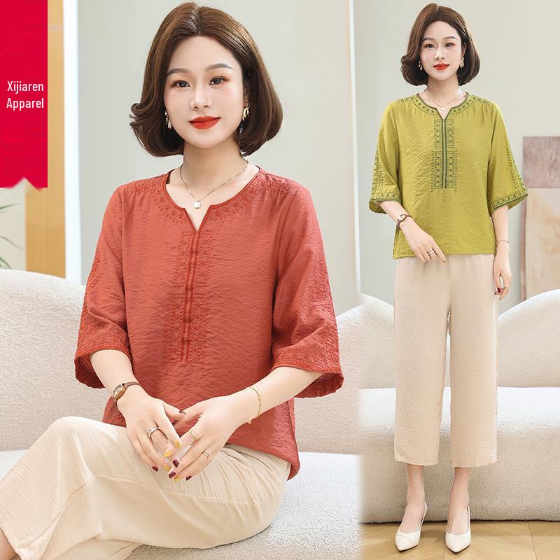 Stylish Plus Size Cotton & Linen Summer Top for Middle-Aged and Elderly Women