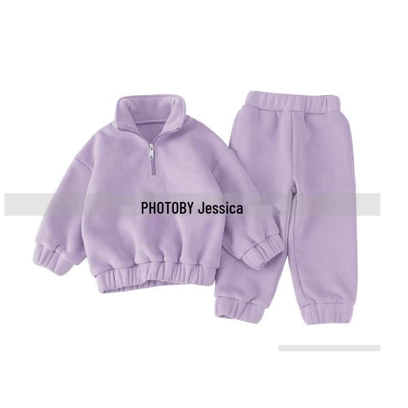 Korean Style Winter Fleece Set: High Neck Half-Zip Top & Joggers for Boys and Girls