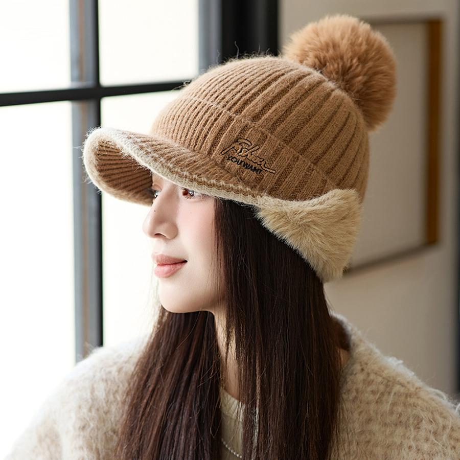 Casquette de baseball tricotée en fourrure épaisse pour femme, couleur unie, automne et hiver