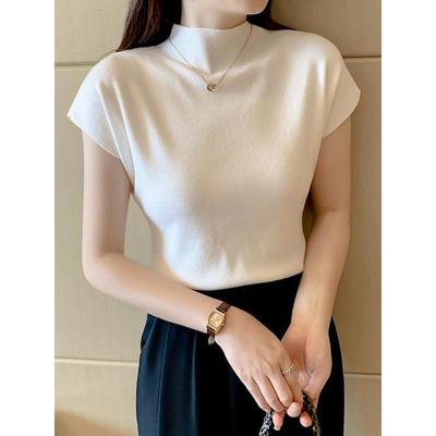 2024 Women's Black Ice Silk Half-High Collar Knit T-Shirt, Short-Sleeved Solid Summer Top