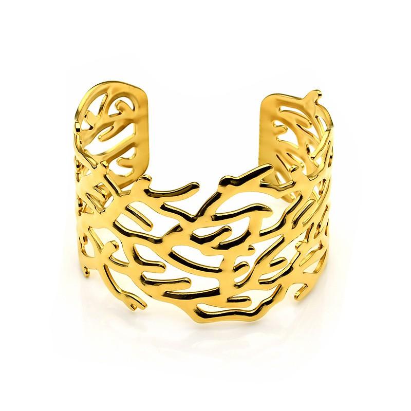 Stainless Steel C-Shape Open Bangle With Hollow Leaf Womens Bold Statement Bracelet