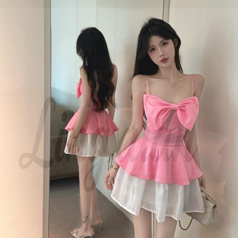 

Bow-Knot Sling Dress with Chest Pads: Slim Fit, Waist-Cinching A-Line Short Skirt Small розовый
