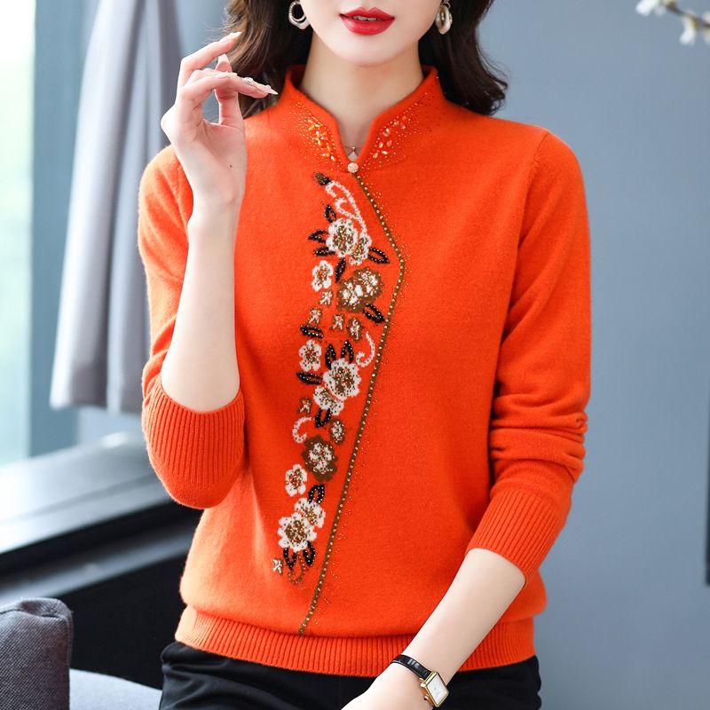 

Мамин свитер из 100% чистой шерсти для весны и осени, одежда, зимняя базовая рубашка для женщин среднего возраста, вязаный шерстяной свитер для среднего и пожилого возраста Orange (8211) 2XL