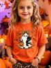 Halloween Mädchen T-Shirt mit kurzen Ärmeln Cartoon Geist mit Leoparden-Schleife Aufdruck Rundhals Oberteile Lässiges Urlaubsgeschenk für Kinder Kleidung