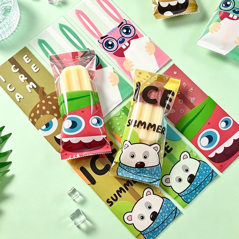 100Pcs Cartoon Ice Cream Packaging Bag Homemade Popsicle Disposable Plastic Popsicle Protective Cover Storage Sealing Bag Diy
