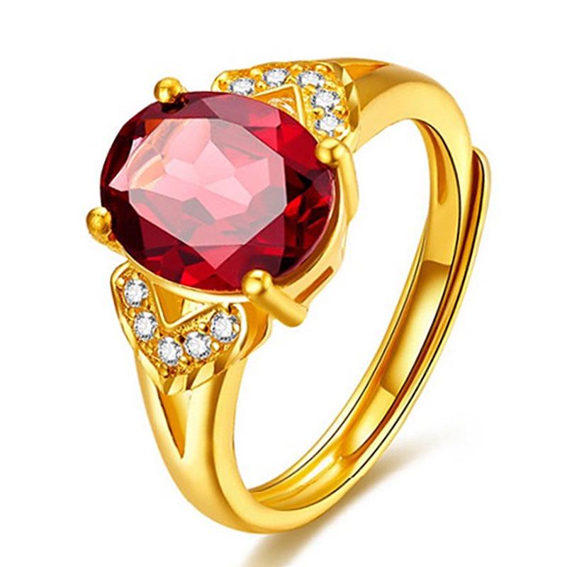 Gold-Plated Red Crystal Ring for Women - Adjustable European Style with Ruby and Full Micro-Paved Zirconia.