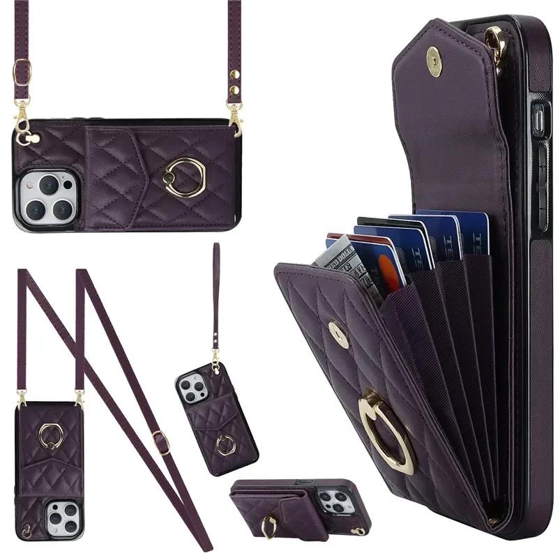 Crossbody Lanyard Leather Wallet Card Phone Case for iPhone 17 Air 16E 16 15 Pro Max 14 Plus 13 12 11 X XS XR Ring Flip Cover
