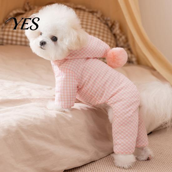Outdoor Dog Apparel Hooded Plaid Pet Jumpsuit, Four Legged Apparel, Cozy Hoodie with Small Winter Coat Pompom, Plush Lined Onesie Clothes for