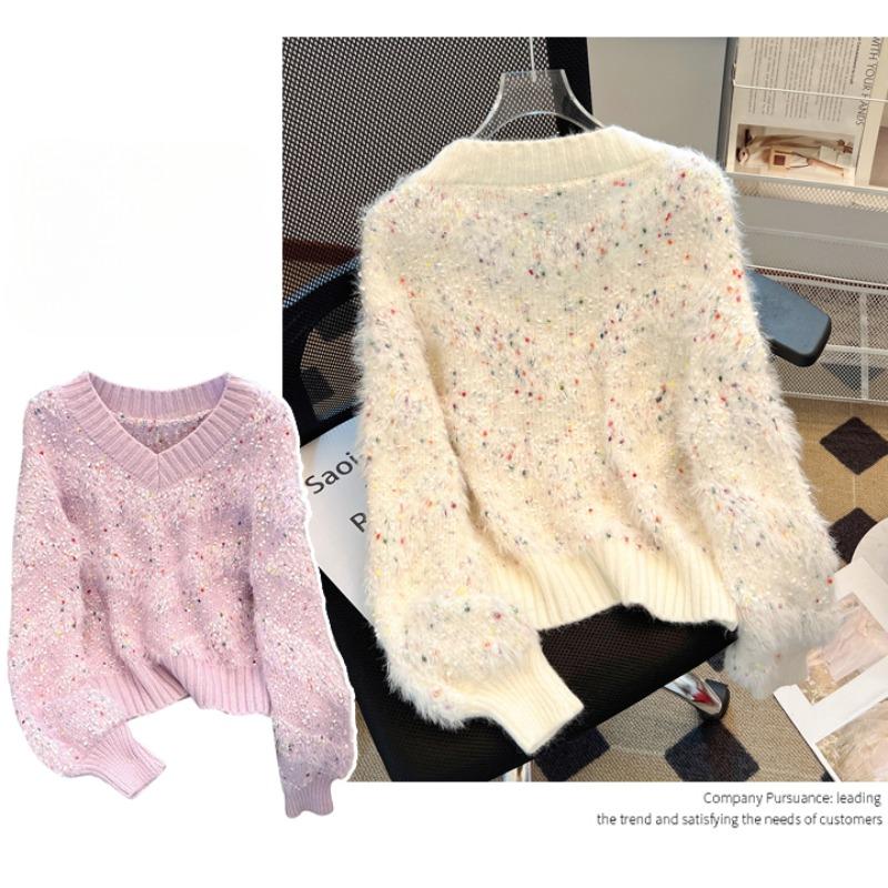 Gemütlicher und schicker bunter Polka-Dot-Pullover mit V-Ausschnitt, perfekt für den Frühling