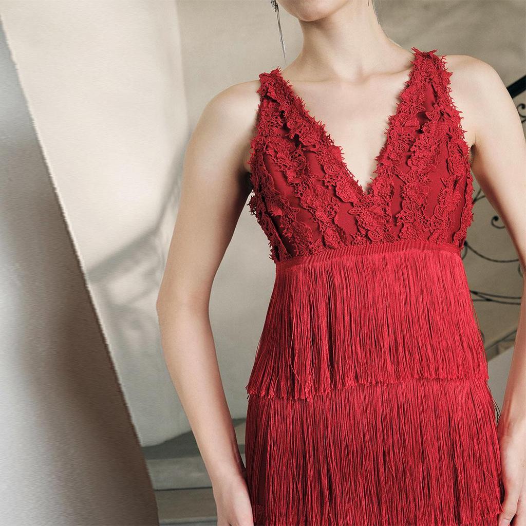 Red Lace Trimmed Tassel Layered Women's Bandage Evening Dress