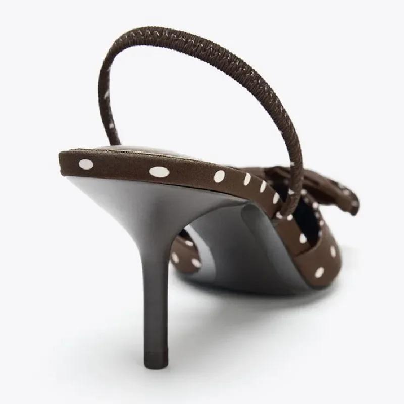 Fashion Polka Dot Print Butterfly Knot Decoration High Heels Women Sexy Pointed Toe Stretchy Back Strap Design Pumps Elegant Dress Shoes