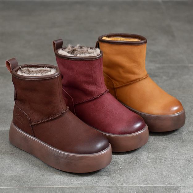 Johnature Genuine Leather Thick Soled Snow Boots Round Toe And Thickened Plush Warm Women's Cotton Boots