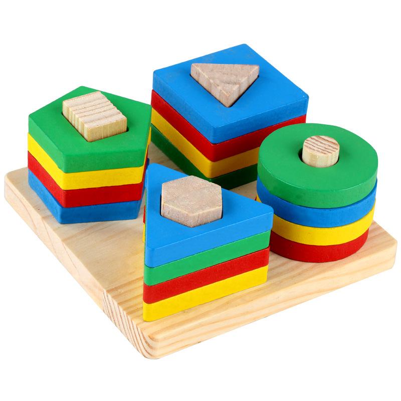 Деревянные геометрические кубики-пирамидка для младенцев, развитие распознавания цветов и форм