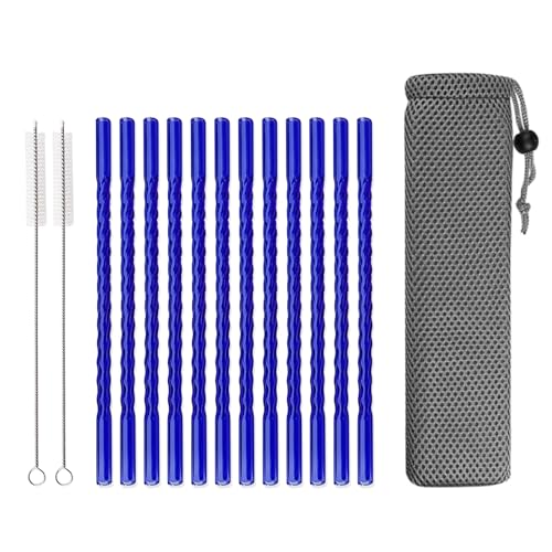 15 PCS Reusable Glass Straws, 8 Inch X 0.3" Thread Pattern Design Colored Drinking Straws, Include 12 Straight Straws, 2 Cleaning Brushes, 1 Bag
