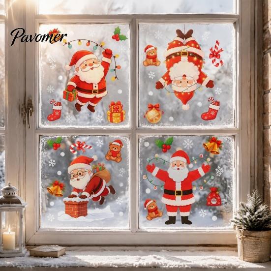 Holiday Window Decorations for Home Santa Claus Christmas Static Clings, Glass Stickers with Snowflake Bear Clings Bell Patterns, Removable No‑Glue