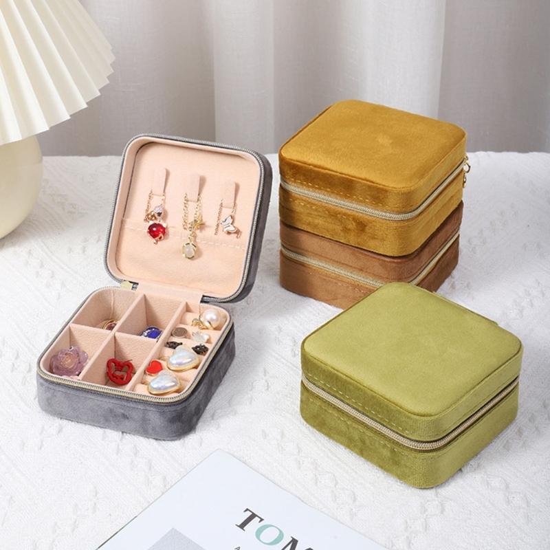 High-end Square Zipper Style Jewelry Box Travel Portable Velvet- Jewelry Storage Bag Bracelet Earrings Jewelry Organizer