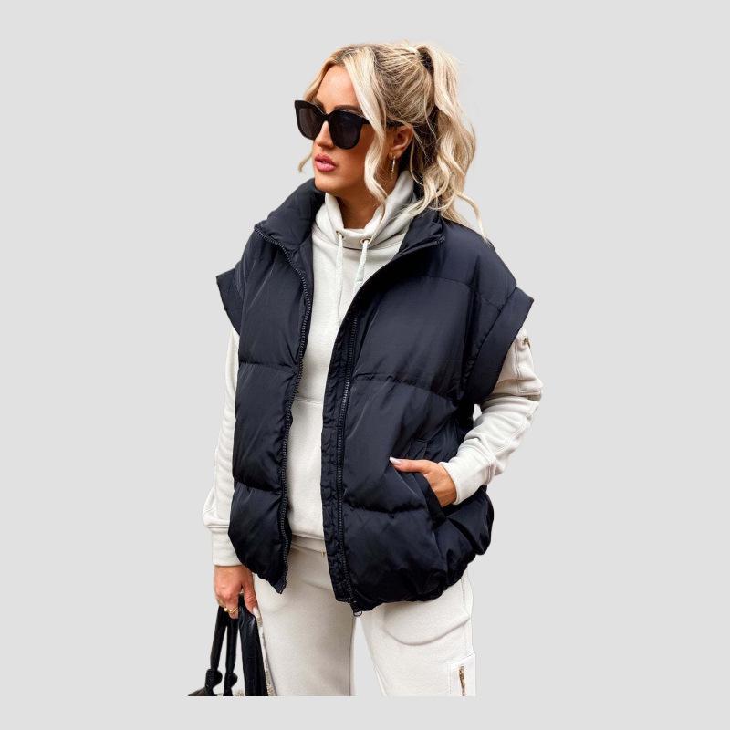 Stylish European & American Women's Solid Color Zipper Pocket Cotton Vest - Stand Collar, Trendy Commuting Jacket