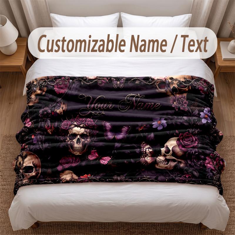 Skull Gothic Theme Soft Blanket Personalized Custom Name Text Print Warm Blanket Home Sofa Bedroom Decor