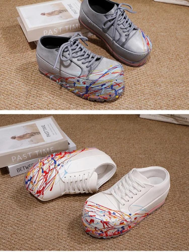 Johnature Ręcznie malowane Sznurowane Okrągły nosek Gruba podeszwa Modne Wszechstronne Zwiększające wzrost Buty damskie