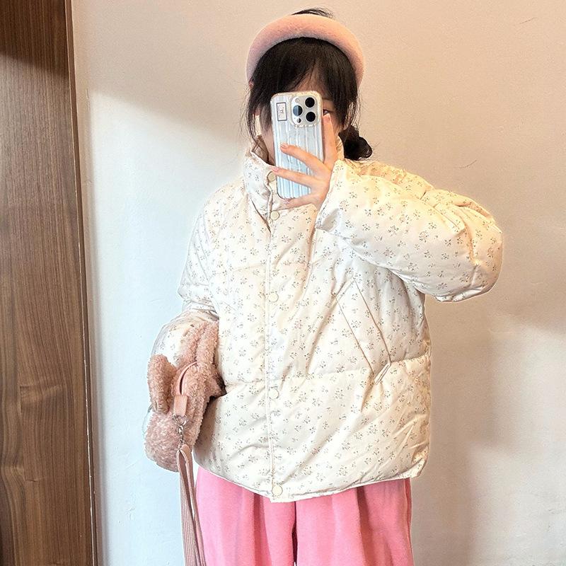 2025 new floral short down cotton clothes, winter new small fresh and sweet stand-up collar thickened bread clothes jacket