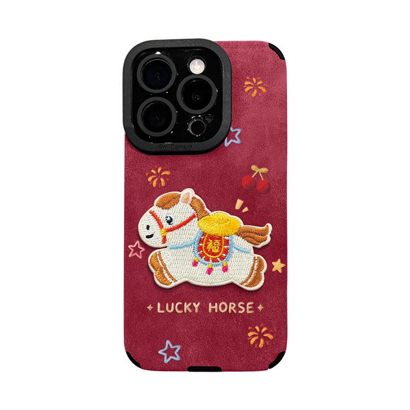 Applicable to Apple 17promax mobile phone case iPhone16 embroidered pony bracelet 15 New Year's 14 silicone anti-drop 13