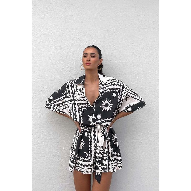 

2025 European and American Summer New Women Waist Hugging Lace-up Print Sexy Jumpsuit Black M