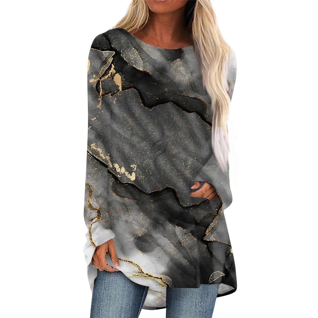 Women's Casual Round Neck Textured Print Long Sleeve T-Shirt Top
