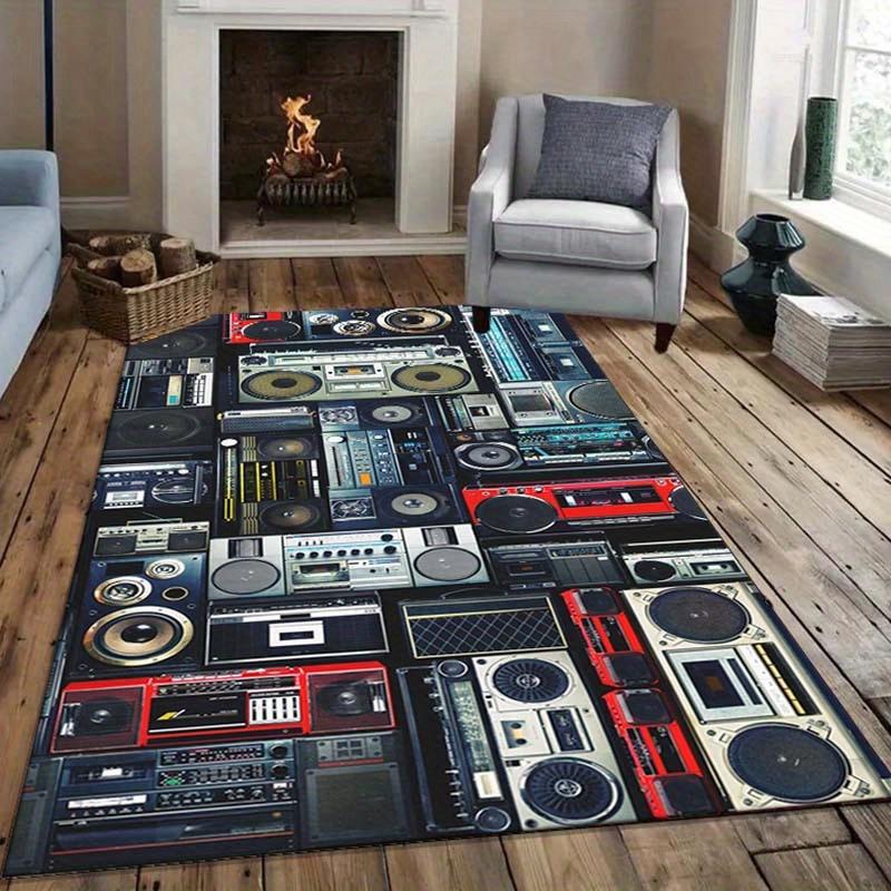 Retro Boombox TeppichVintage Musik-Themen Teppich für Wohnzimmer Lustige und Nostalgische Heimdekoration Rutschfester Teppich maschinenwaschbar