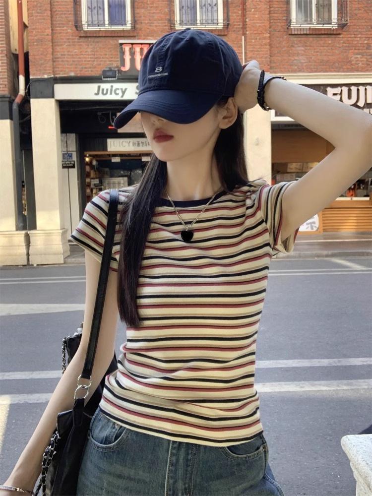 Women's 2025 Retro Color Block Striped Round Neck Short Sleeve T-shirt – Slim Fit Trendy Summer Top