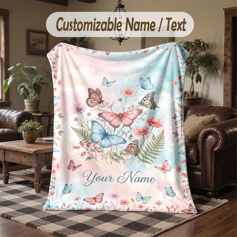 Butterflies Flowers Garden 14 Theme Throw Blanket Custom Name Text Personalized Blanket Soft Cozy Blanket for Home Sofa Bed