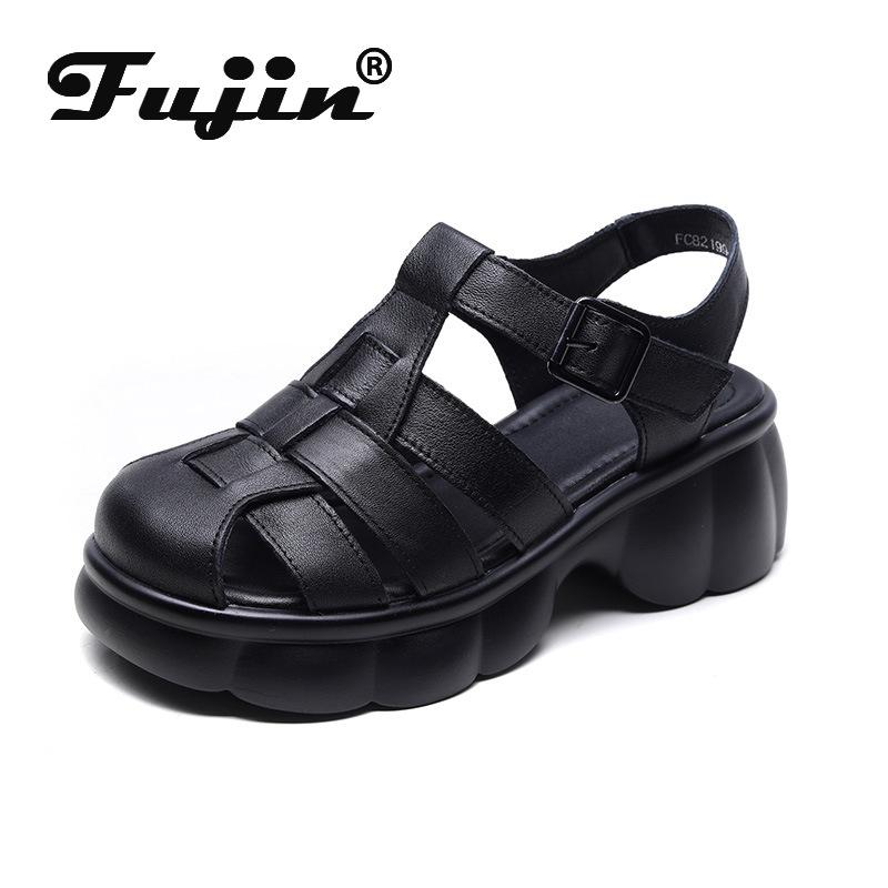 

Fujin 6 см Римские мокасины Mary Jane Weave на полой платформе, туфли на танкетке, сандалии, женские летние лоферы из натуральной кожи в британском стиле на крючках 35 бежевый