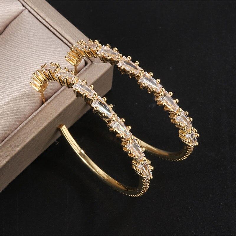 European Jewerly Copper Prong Micro Inlaid Zircon Gold Color Big Hoop Earrings for Women