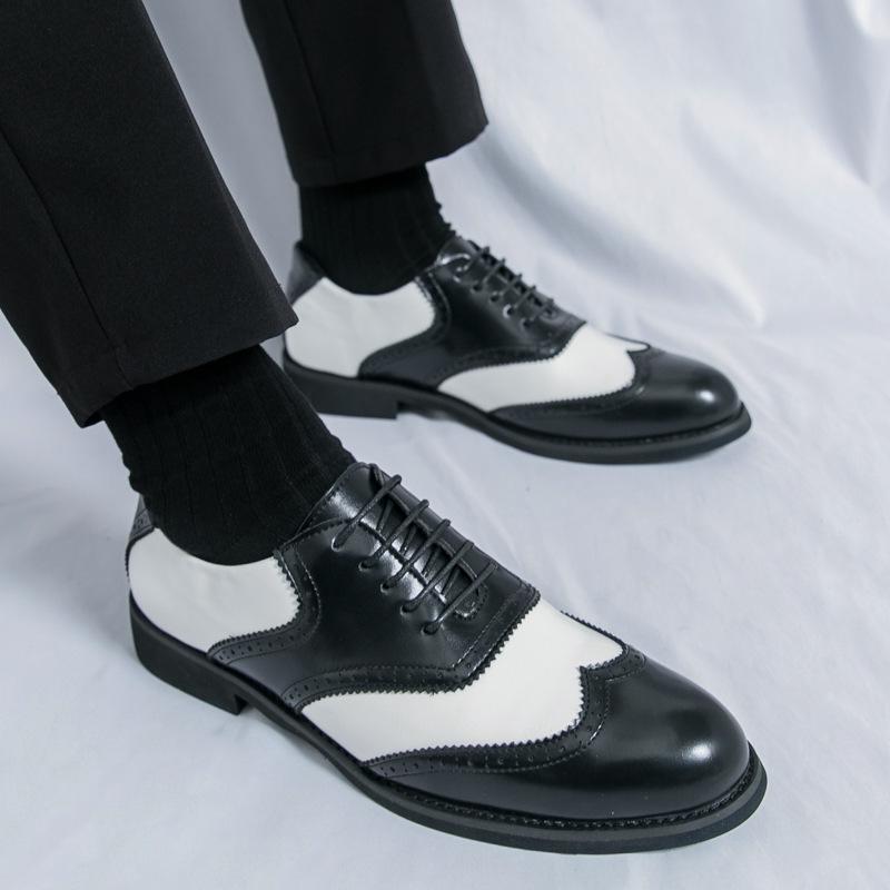 Men's Formal Black & White Brogue Leather Derby Shoes - Spring/Autumn Large Size Wedding Footwear
