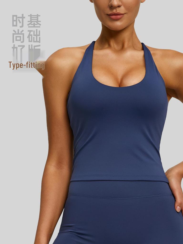 Juyitang Double-Sided Brocade Yoga Tank Top with Fixed Chest Pad - Sleeveless, High Stretch Sports Bra for Women