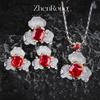 High End Women Jewelry Set Blood Ruby Pendant Opal Earrings Adjustable Ring Red Necklace