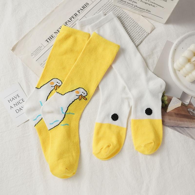 Summer Cartoon Duck Mid Cotton Socks Sweat Absorbent Japanese Cute Boneless Long Socks Ladies