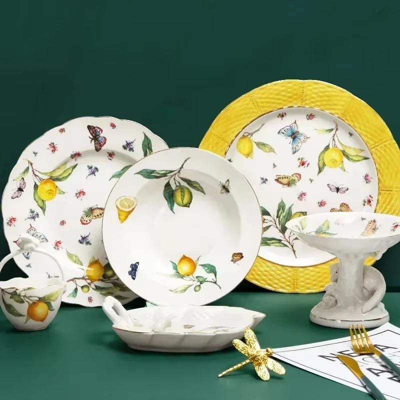 European Lemon Pattern Ceramic Dinner Steak Plate Bowl Kitchen Cutlery Fruit Bowl Sugar Bowl Dishes Complete