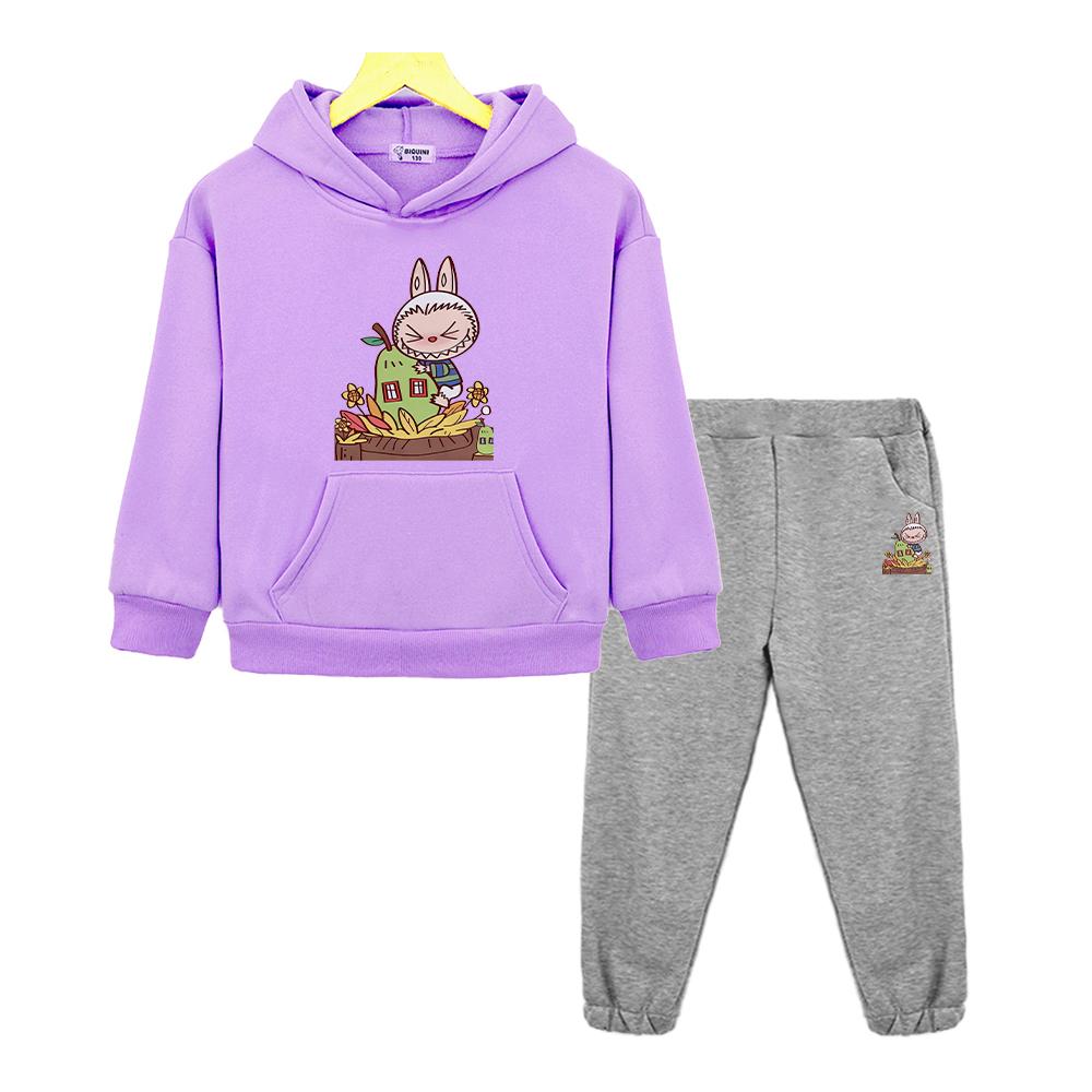 2pcs Pullover+pants Kawaii Boys Girls Hooded Sets Autumn and Winter Labubu  Anime Hoodie Fleece Sweatshirt Cartoon Jacket Kids Boutique Clothes