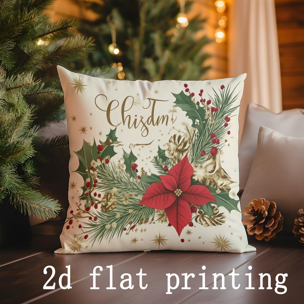 1pcs/4pcs- Christmas Poinsettia Decorative Pillow Covers Set , Square Pillow Cover, Modern Sofa Decorative Cushion Cover