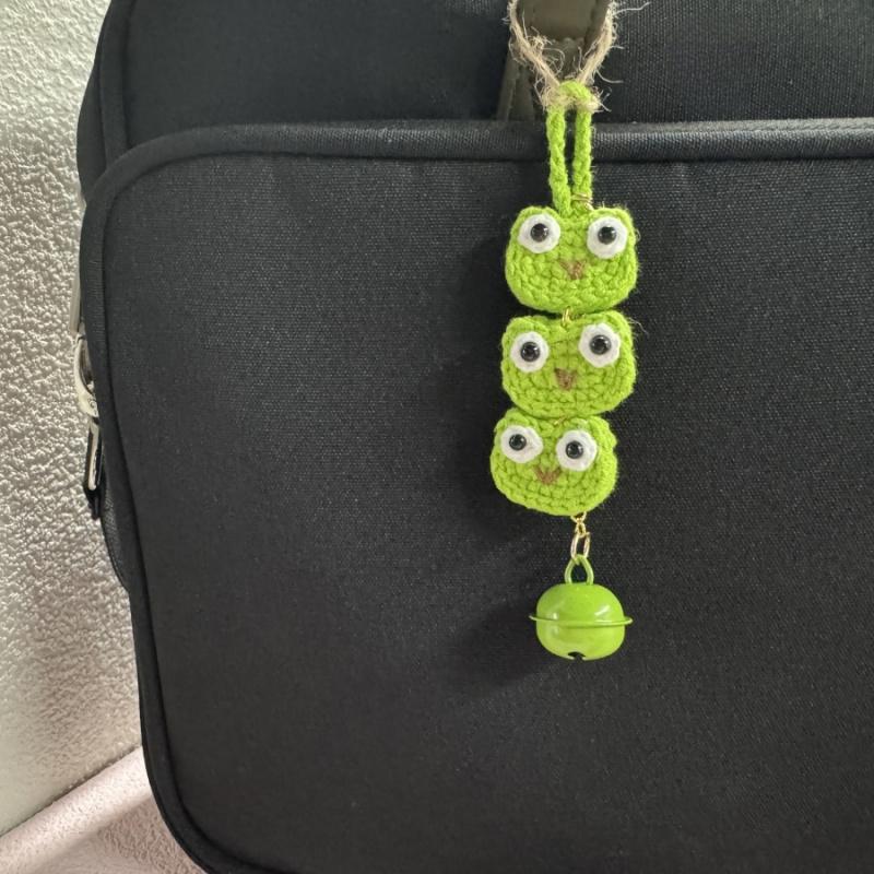 1pcCute Frog Car Hanging Decoration Handwoven3Green Frog Bell Bag Pendant Car Rearview Mirror Hanging Ornament