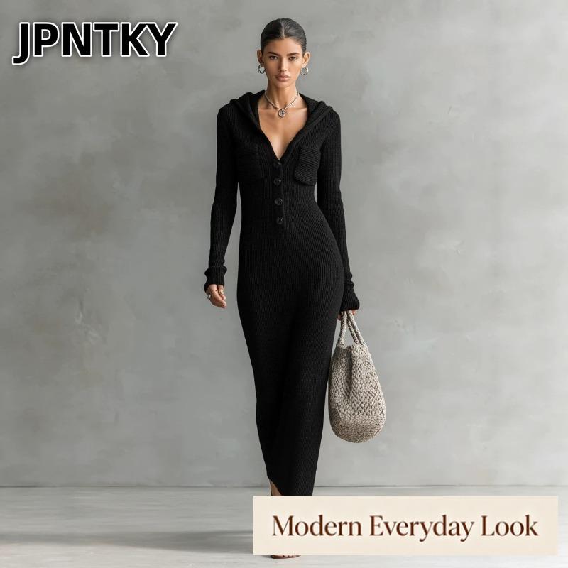 JPNTKY Fashion Spring Autumn Solid Color Print Long Sleeve Casual Dresses