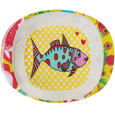[R0644] - Yellow Multicolor 'Saperlipopette' Melamine Baby Plate (Mrs. Fish) - 16. 5x13. 5x4. 2 Cm